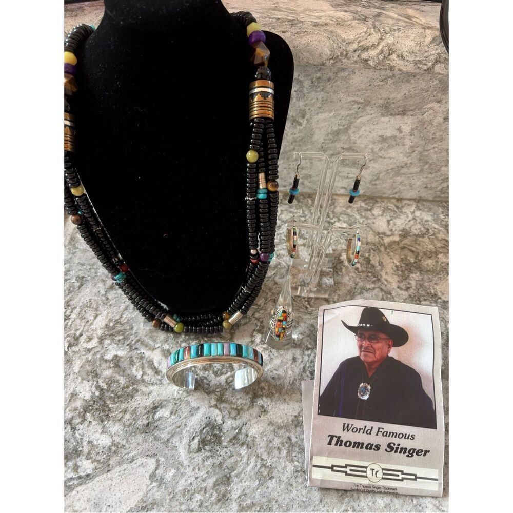 Vintg Thomas Singer navajo turquoise silver 5 pc necklace ring bracelet earrings